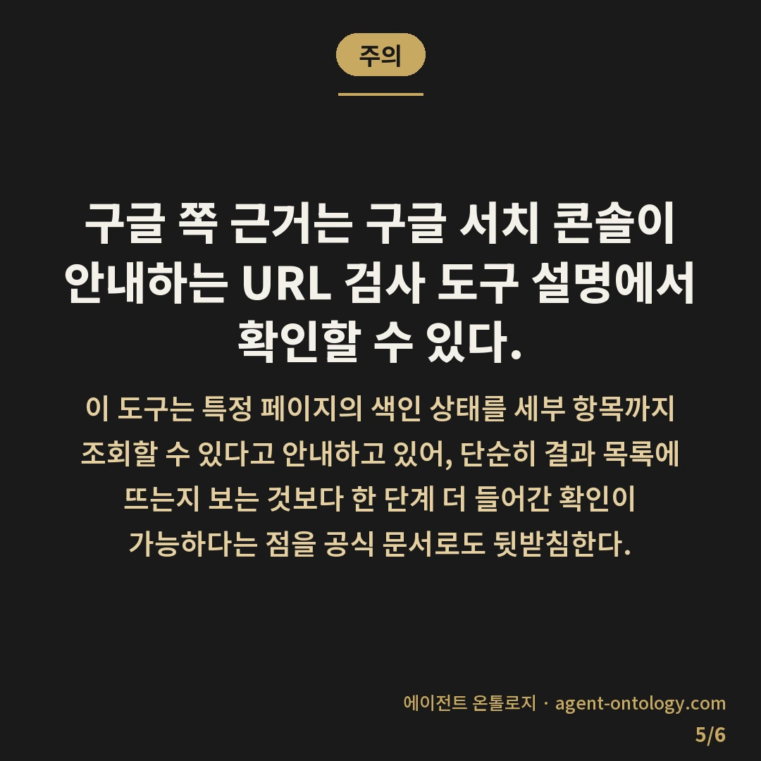 네이버 색인 확인 방법 절차 — 주의: 구글 쪽 근거는 구글 서치 콘솔이 안내하는 URL 검사 도구 설명에서 확인할 수 있다.