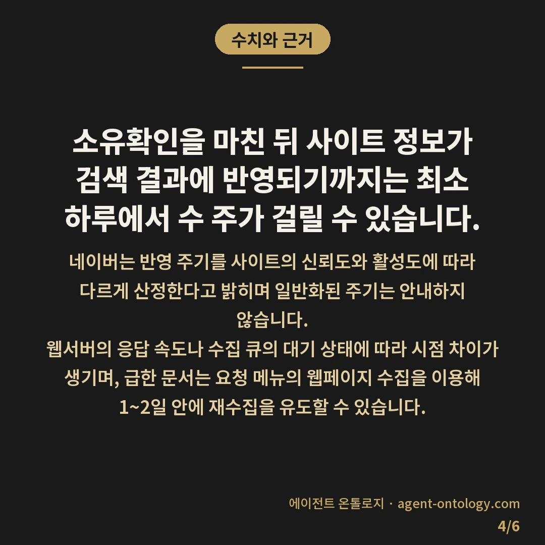 네이버 서치어드바이저 등록 방법 이후 소유확인 순서 — 수치와 근거: 소유확인을 마친 뒤 사이트 정보가 검색 결과에 반영되기까지는 최소 하루에서 수 주가 걸릴 수 있습니다.