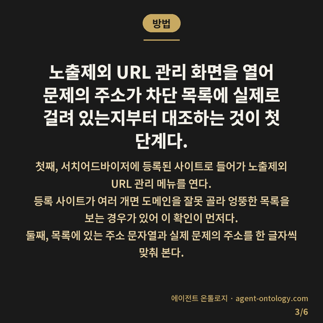 네이버 노출제외 설정 확인 방법 점검 — 방법: 노출제외 URL 관리 화면을 열어 문제의 주소가 차단 목록에 실제로 걸려 있는지부터 대조하는 것이 첫 단계다.