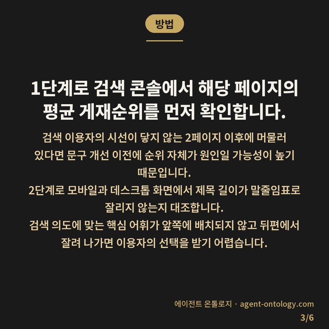 클릭률 낮은 이유 확인 순서 — 방법: 1단계로 검색 콘솔에서 해당 페이지의 평균 게재순위를 먼저 확인합니다.