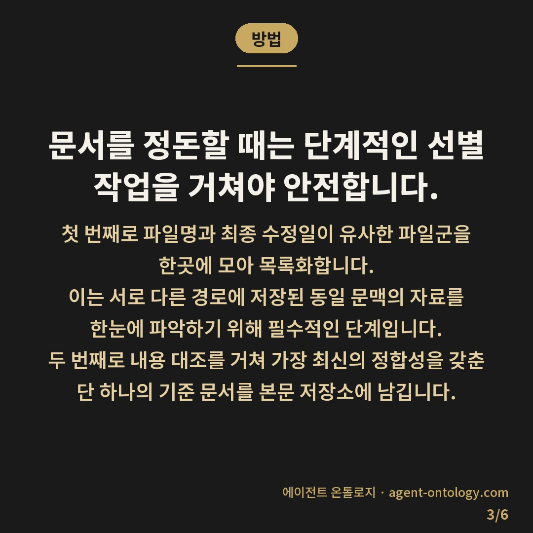 중복 문서 정리하는 방법 절차 — 방법: 문서를 정돈할 때는 단계적인 선별