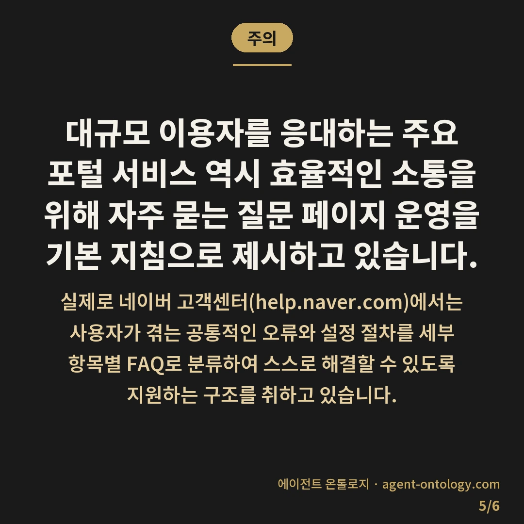 반복 문의 FAQ로 정리하는 확인법 — 주의: 대규모 이용자를 응대하는 주요 포털 서비스 역시 효율적인 소통을 위해 자주 묻는 질문 페이지 운영을 기본 지침으로 제시하고 있습니다.