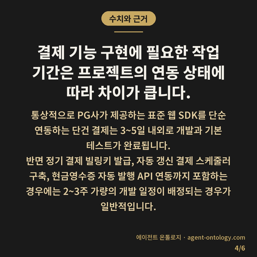 결제 기능 개발 기간 변수 — 수치와 근거: 결제 기능 구현에 필요한 작업