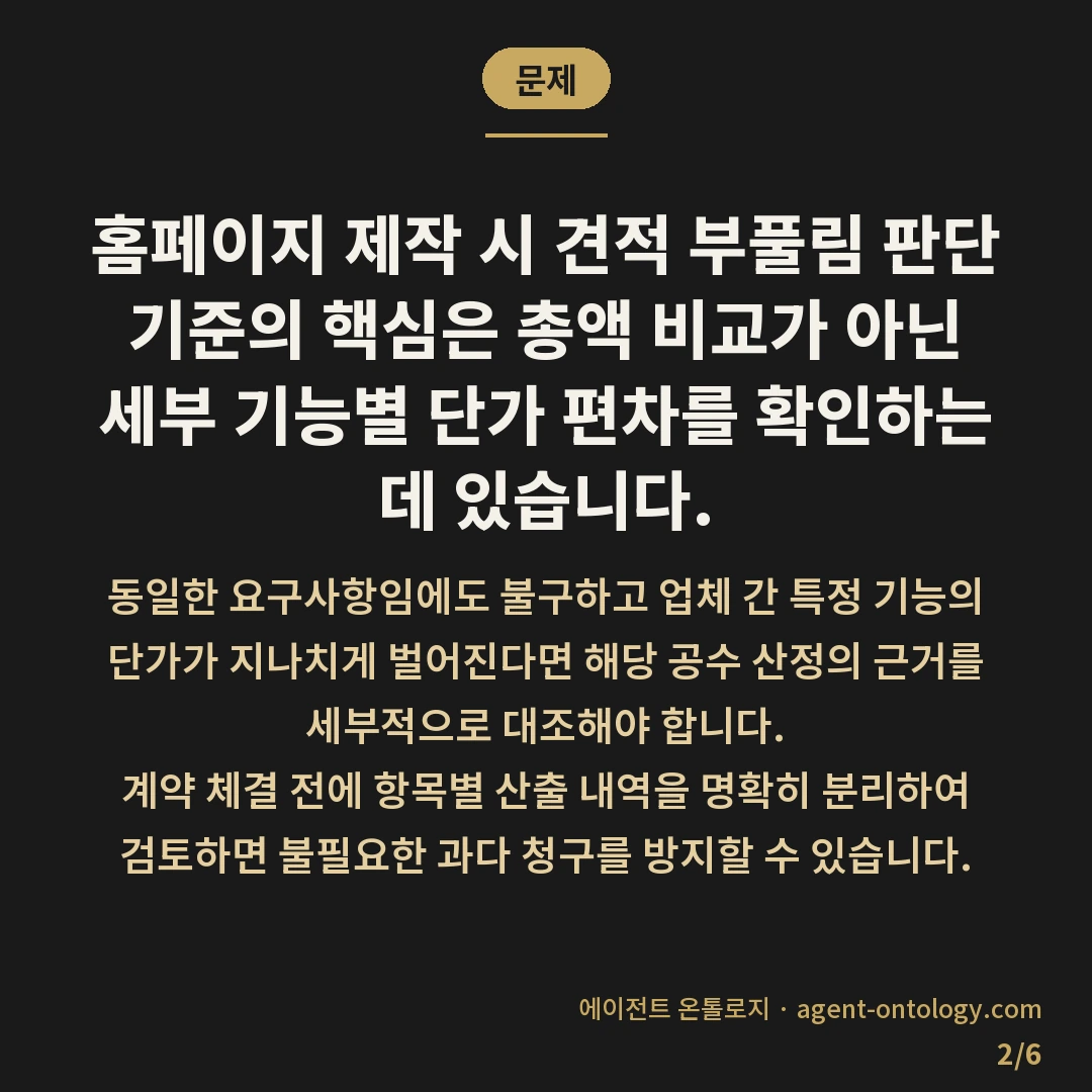 견적 부풀림 판단 기준 목록 — 문제: 홈페이지 제작 시 견적 부풀림 판단