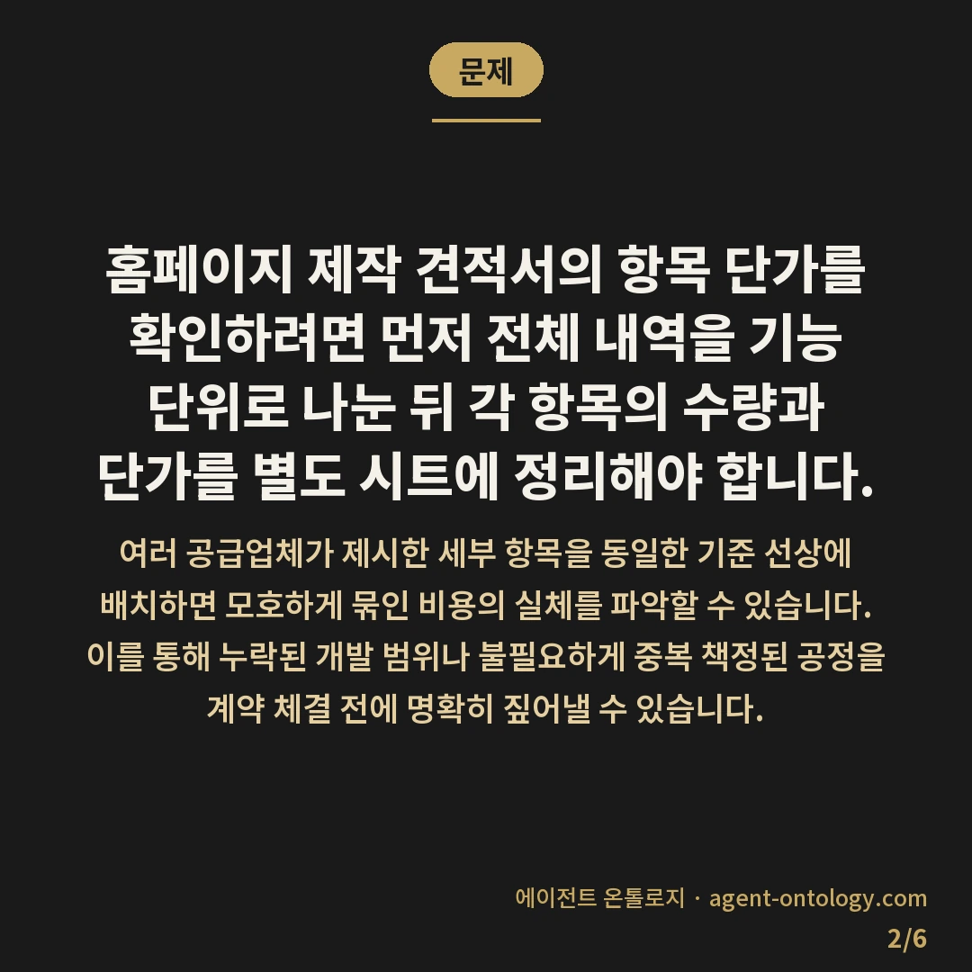 견적서 항목 단가 확인 방법 순서 — 문제: 홈페이지 제작 견적서의 항목 단가를