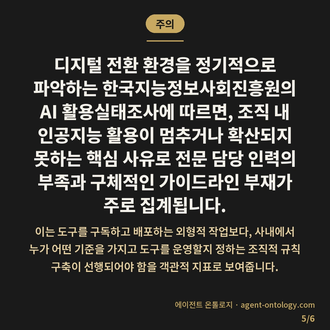 사내 AI 도입 흐지부지되는 이유 진단 — 주의: 디지털 전환 환경을 정기적으로 파악하는 한국지능정보사회진흥원의 AI 활용실태조사에 따르면, 조직 내 인공지능 활용이 멈추거나 확산되지 못하는 핵심 사유로 전문 담당 인력의 부족과 구체적인 가이드라인 부재가 주로 집계됩니다.
