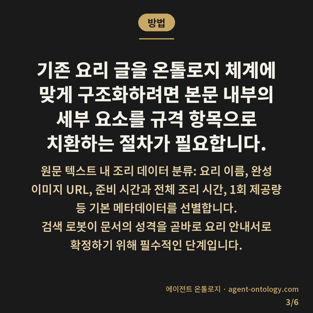레시피 스키마 일반 글 차이 — 방법: 기존 요리 글을 온톨로지 체계에 맞게 구조화하려면 본문 내부의 세부 요소를 규격 항목으로 치환하는 절차가 필요합니다.