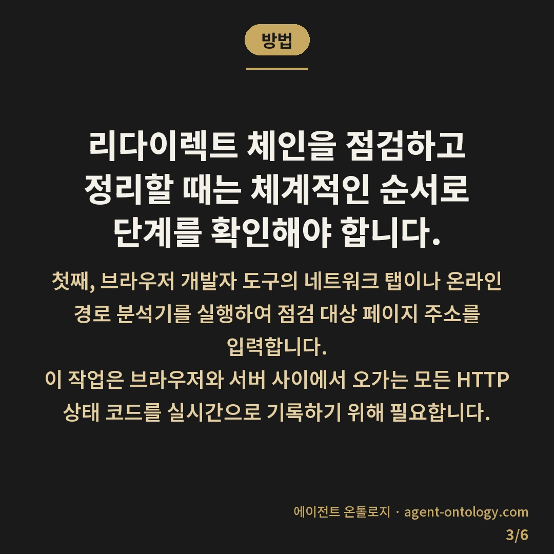 리다이렉트가 속도에 미치는 영향 — 방법: 리다이렉트 체인을 점검하고 정리할 때는 체계적인 순서로 단계를 확인해야 합니다.