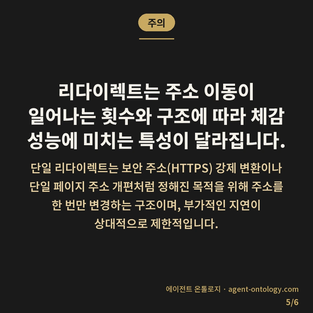 리다이렉트가 속도에 미치는 영향 — 주의: 리다이렉트는 주소 이동이 일어나는 횟수와 구조에 따라 체감 성능에 미치는 특성이 달라집니다.