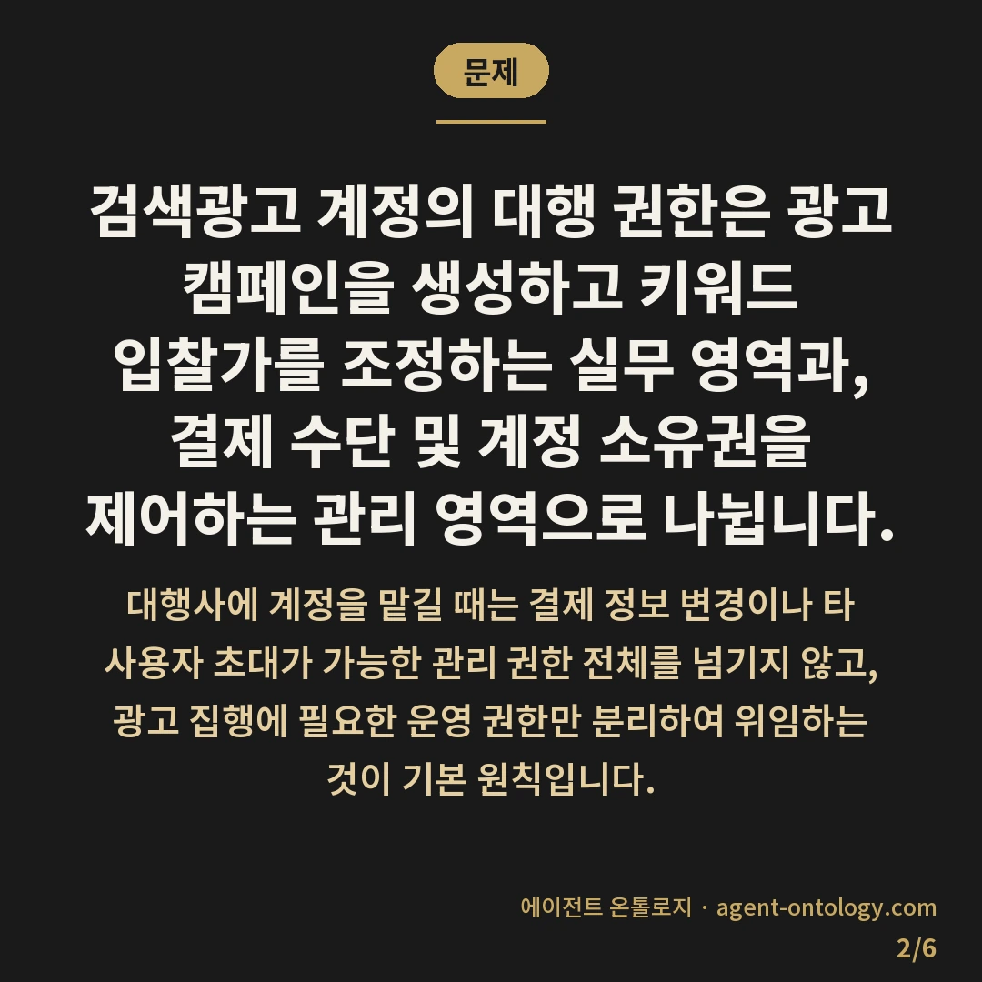 검색광고 계정 대행 권한 차이 위임 범위 — 문제: 검색광고 계정의 대행 권한은