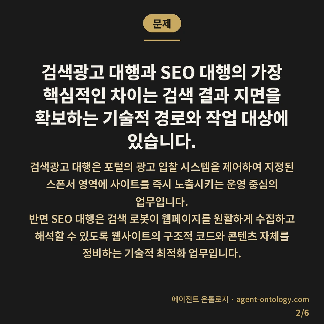 검색광고 SEO 대행 차이 구분 요건 — 문제: 검색광고 대행과 SEO 대행의