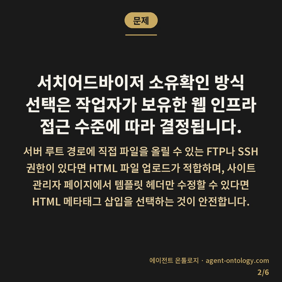 서치어드바이저 소유확인 방식 선택 시 서버 권한 기준 — 문제: 서치어드바이저 소유확인 방식 선택은 작업자가 보유한 웹 인프라 접근 수준에 따라 결정됩니다.