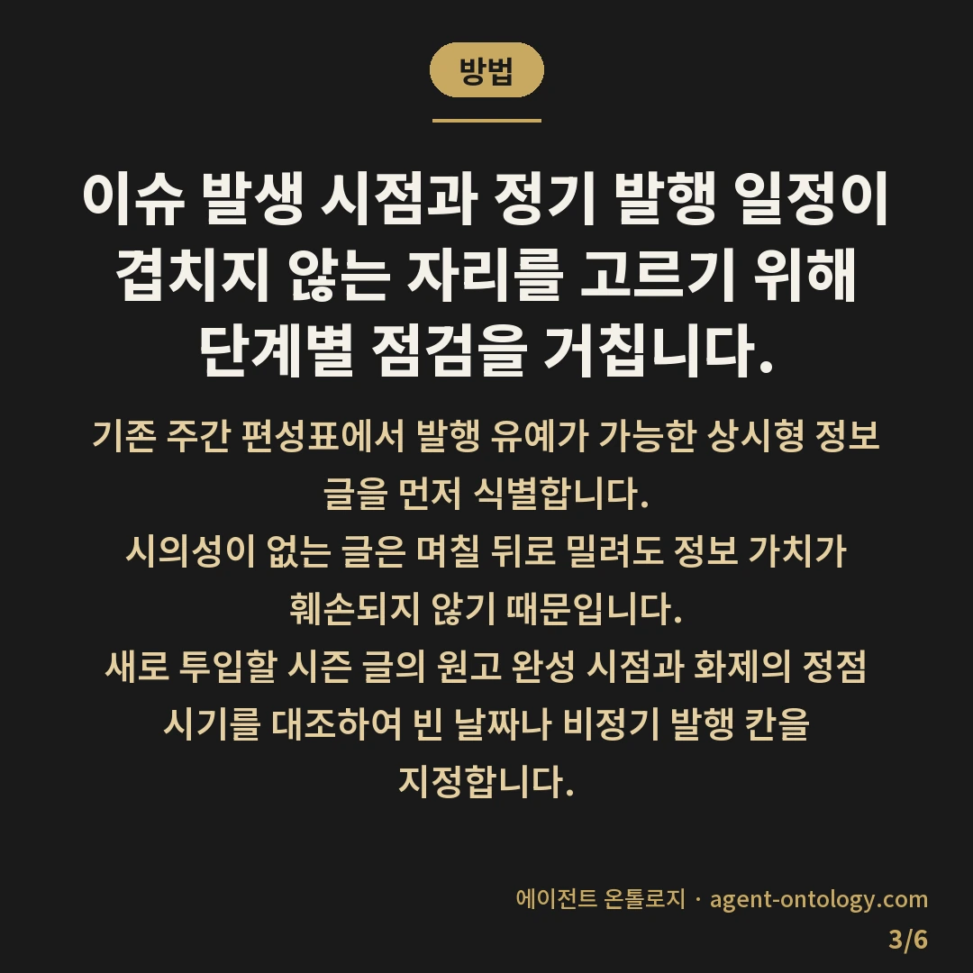 시즌 이슈 콘텐츠 끼워 넣는 요령 — 방법: 이슈 발생 시점과 정기 발행 일정이 겹치지 않는 자리를 고르기 위해 단계별 점검을 거칩니다.