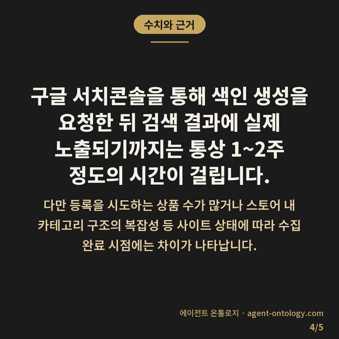스마트스토어 상품 구글 검색 등록 방법 절차 — 수치와 근거: 구글 서치콘솔을 통해 색인 생성을 요청한 뒤 검색 결과에 실제 노출되기까지는 통상 1~2주 정도의 시간이 걸립니다.