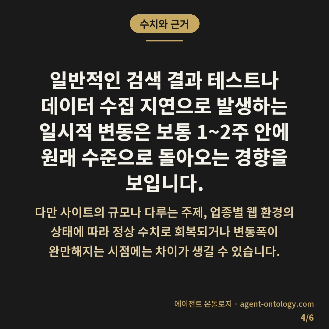 상승 하락 원인 구분하는 순서 — 수치와 근거: 일반적인 검색 결과 테스트나 데이터 수집 지연으로 발생하는 일시적 변동은 보통 1~2주 안에 원래 수준으로 돌아오는 경향을 보입니다.