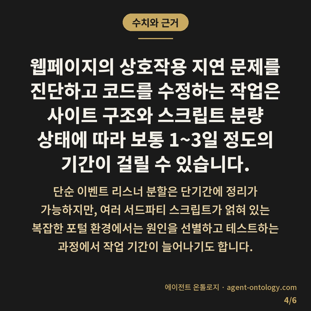 상호작용 반응 시간 줄이는 절차 — 수치와 근거: 웹페이지의 상호작용 지연 문제를 진단하고 코드를 수정하는 작업은 사이트 구조와 스크립트 분량 상태에 따라 보통 1~3일 정도의 기간이 걸릴 수 있습니다.