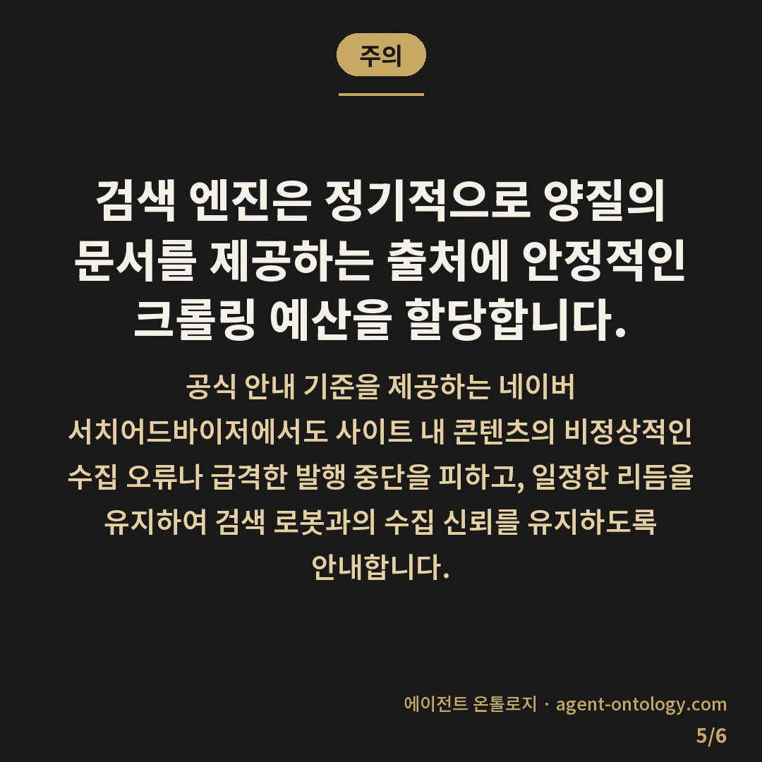 발행 주기 갑자기 바꾸면 생기는 일 — 주의: 검색 엔진은 정기적으로 양질의 문서를 제공하는 출처에 안정적인 크롤링 예산을 할당합니다.
