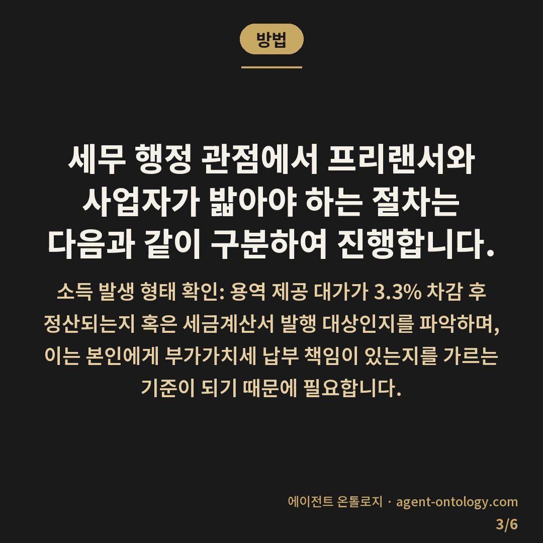 프리랜서 사업자 세금 차이 — 방법: 세무 행정 관점에서 프리랜서와 사업자가 밟아야 하는 절차는 다음과 같이 구분하여 진행합니다.