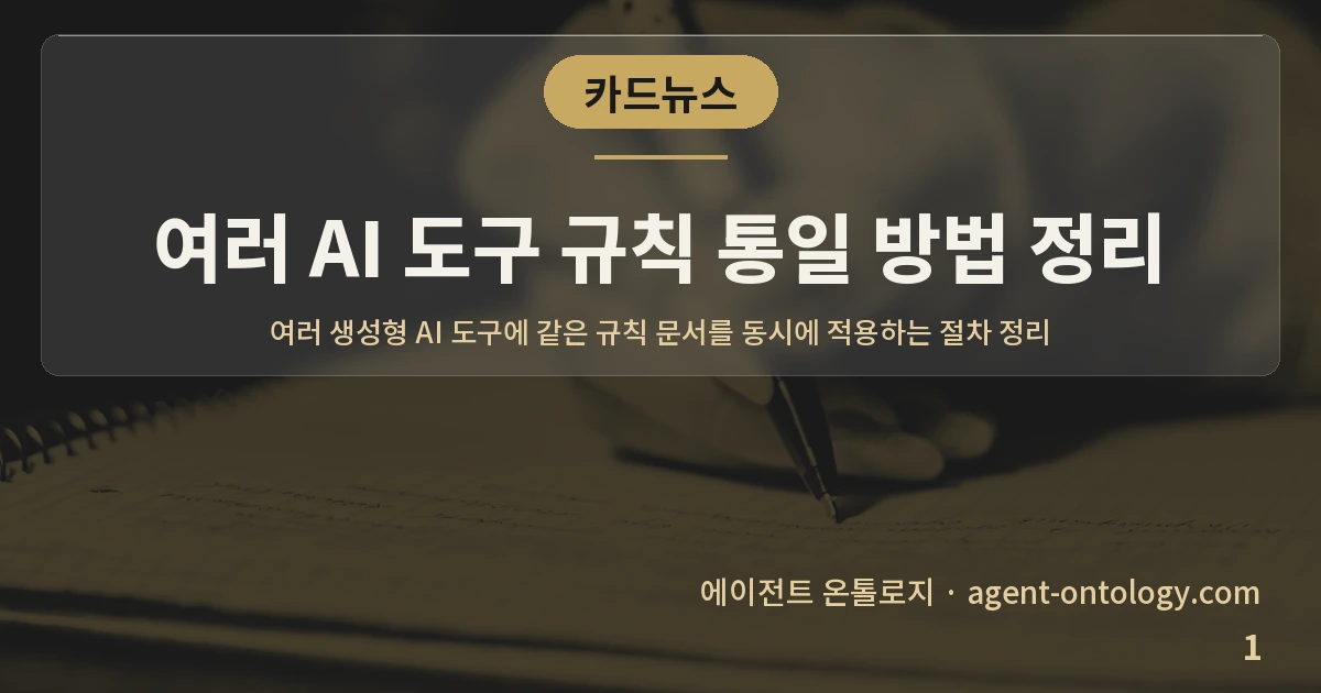 여러 AI 도구 규칙 통일 방법 정리 — 표지: 여러 생성형 AI 도구에 같은 규칙 문서를 동시에 적용하는 절차 정리