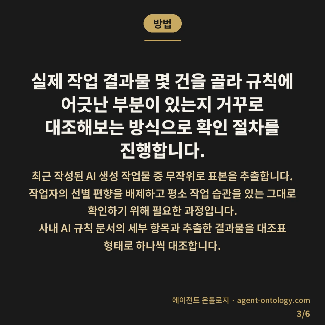 AI 규칙 문서 실효성 확인 방법 요건 — 방법: 실제 작업 결과물 몇 건을