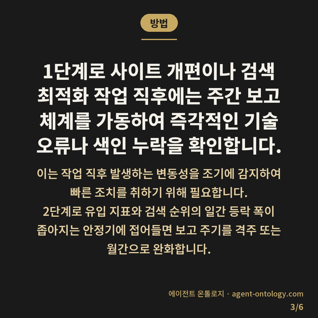 주간 월간 보고 주기 정하는 체크리스트 — 방법: 1단계로 사이트 개편이나 검색 최적화 작업 직후에는 주간 보고 체계를 가동하여 즉각적인 기술 오류나 색인 누락을 확인합니다.