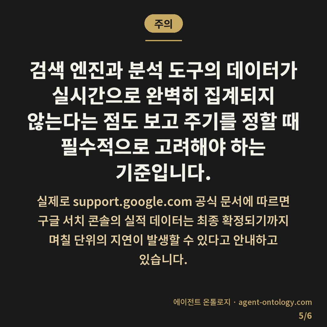 주간 월간 보고 주기 정하는 체크리스트 — 주의: 검색 엔진과 분석 도구의 데이터가 실시간으로 완벽히 집계되지 않는다는 점도 보고 주기를 정할 때 필수적으로 고려해야 하는 기준입니다.