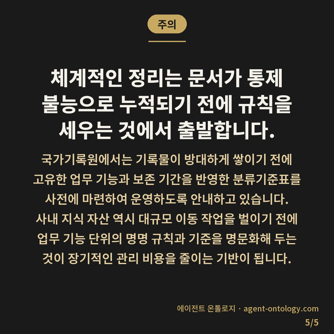 문서 정리 언제 시작하나 판단 기준 — 주의: 체계적인 정리는 문서가 통제 불능으로 누적되기 전에 규칙을 세우는 것에서 출발합니다.
