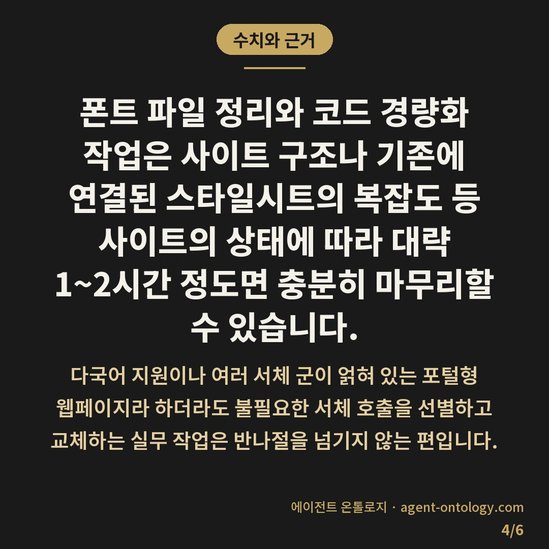 폰트 로딩이 화면 늦추는 이유 — 수치와 근거: 폰트 파일 정리와 코드 경량화