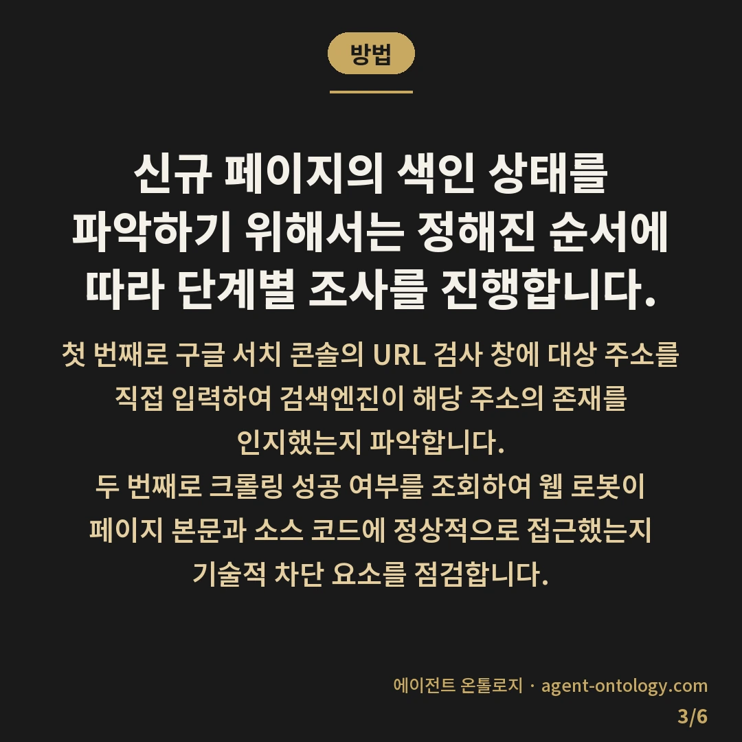신규 페이지 색인 안 되는 이유 — 방법: 신규 페이지의 색인 상태를 파악하기 위해서는 정해진 순서에 따라 단계별 조사를 진행합니다.