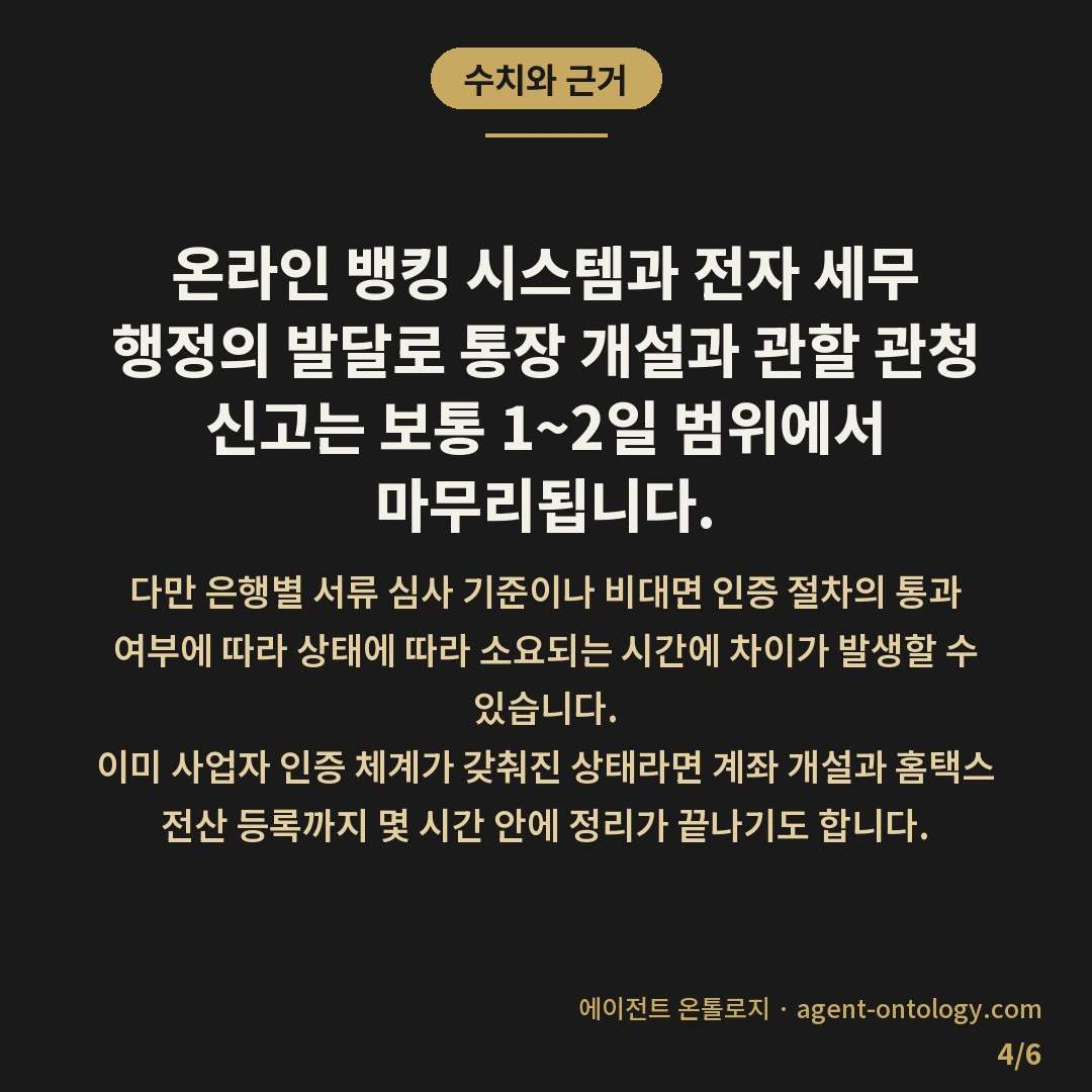 사업용 계좌 만들어야 하는 이유 — 수치와 근거: 온라인 뱅킹 시스템과 전자 세무 행정의 발달로 통장 개설과 관할 관청 신고는 보통 1~2일 범위에서 마무리됩니다.