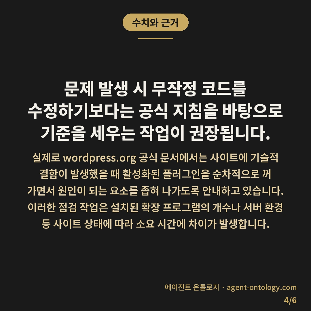 플러그인 충돌 생기는 이유와 확인 순서 — 수치와 근거: 문제 발생 시 무작정 코드를 수정하기보다는 공식 지침을 바탕으로 기준을 세우는 작업이 권장됩니다.