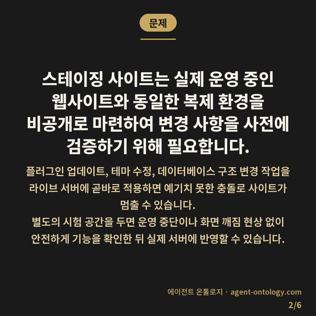 스테이징 사이트 왜 필요한가 — 문제: 스테이징 사이트는 실제 운영 중인 웹사이트와 동일한 복제 환경을 비공개로 마련하여 변경 사항을 사전에 검증하기 위해 필요합니다.