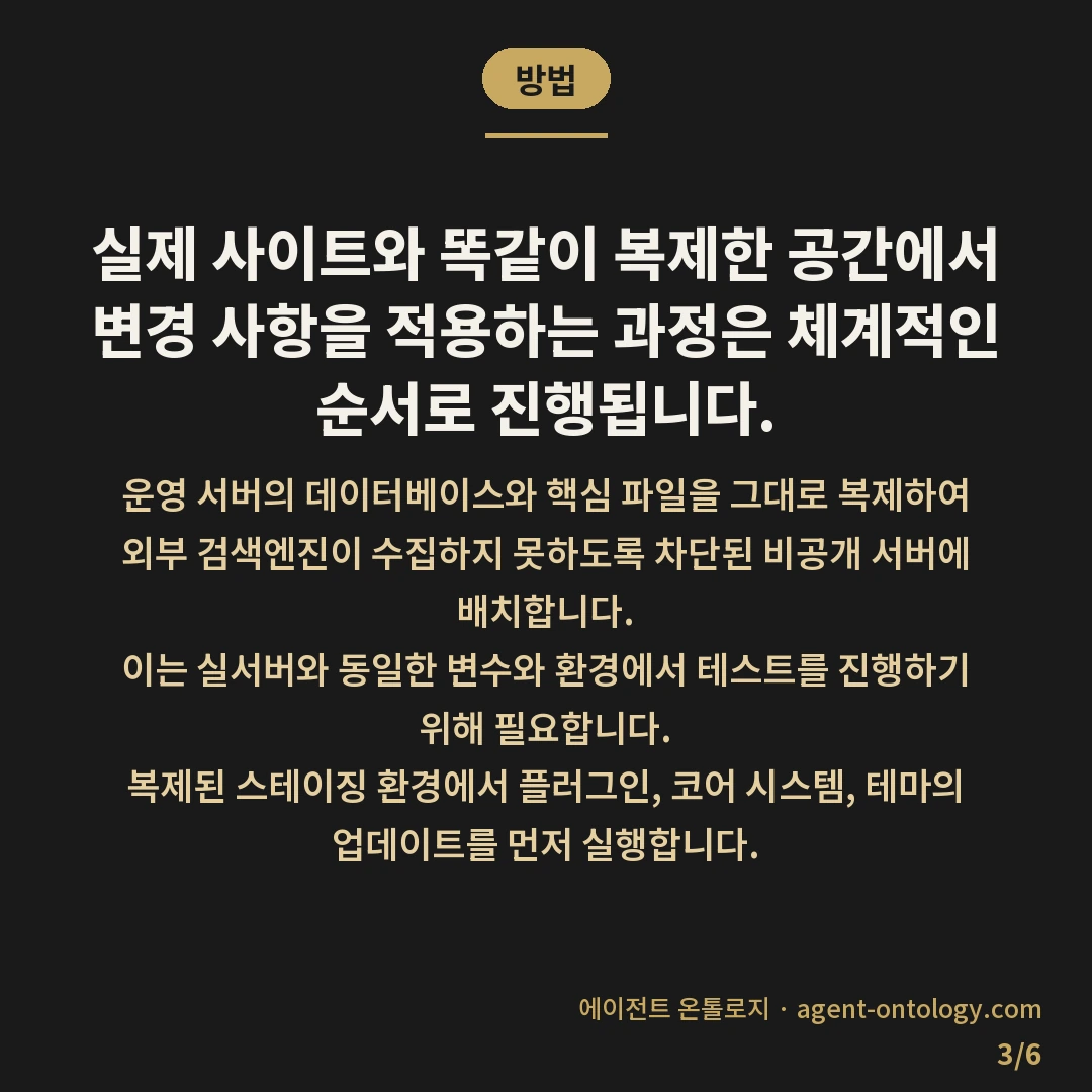 스테이징 사이트 왜 필요한가 — 방법: 실제 사이트와 똑같이 복제한 공간에서 변경 사항을 적용하는 과정은 체계적인 순서로 진행됩니다.