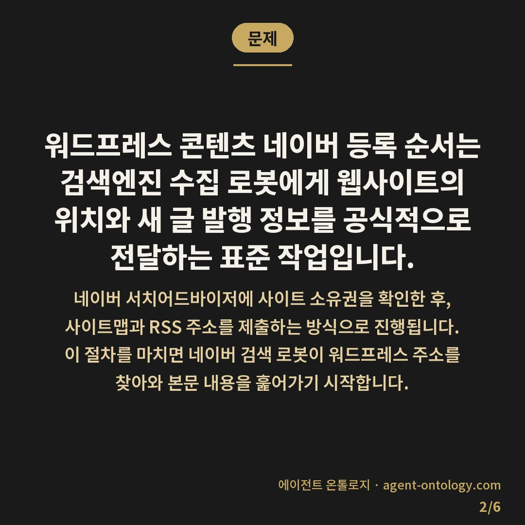 워드프레스 콘텐츠 네이버 등록 순서 안내 — 문제: 워드프레스 콘텐츠 네이버 등록 순서는 검색엔진 수집 로봇에게 웹사이트의 위치와 새 글 발행 정보를 공식적으로 전달하는 표준 작업입니다.