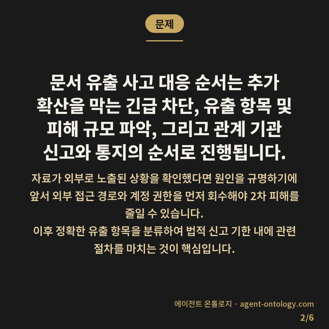 문서 유출 사고 대응 순서 — 문제: 문서 유출 사고 대응 순서는 추가 확산을 막는 긴급 차단, 유출 항목 및 피해 규모 파악, 그리고 관계 기관 신고와 통지의 순서로 진행됩니다.