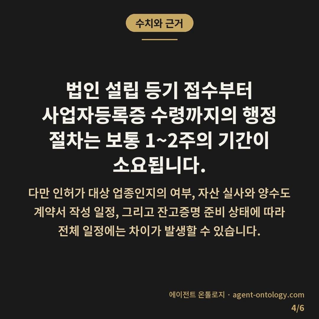 법인 전환하는 적용순서 — 수치와 근거: 법인 설립 등기 접수부터 사업자등록증 수령까지의 행정 절차는 보통 1~2주의 기간이 소요됩니다.