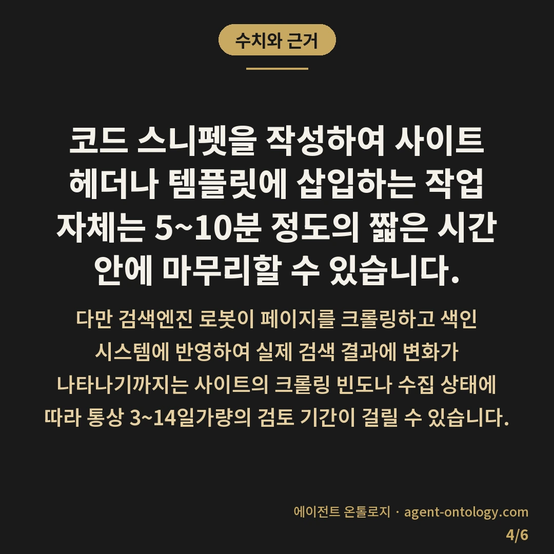 조직 스키마 넣는 이유 — 수치와 근거: 코드 스니펫을 작성하여 사이트 헤더나 템플릿에 삽입하는 작업 자체는 5~10분 정도의 짧은 시간 안에 마무리할 수 있습니다.